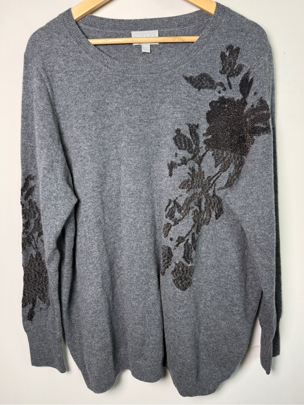 Pure Collection Cashmere Metallic Rose Sweater Grey Crewneck Sz 18